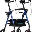 ELENKER Heavy Duty Upright Rollator Walker with Extra Wide Padded Seat and Backrest, Bariatric Stand Up Rolling Walker, Fully Adjustment Frame for Seniors, Blue