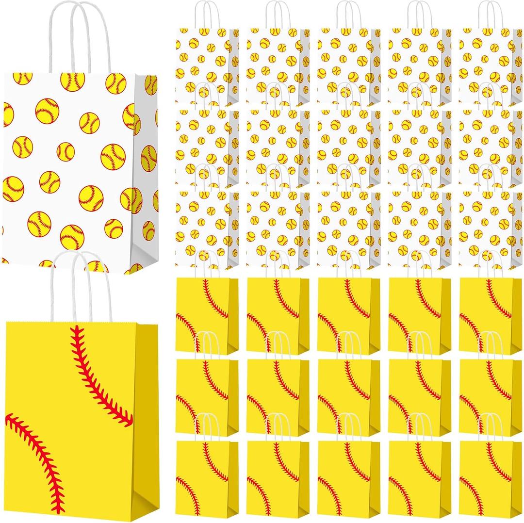 Leinuosen 30 Pcs Basketball Party Bags Baseball Softball Gift Goodie Favor Treat Candy Goody Bags with Handle for Sports Theme Birthday Party Supplies (Softball)