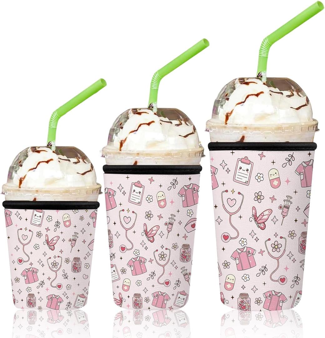 3 Pack Reusable Iced Coffee Insulator Sleeve - Nurse Reusable Neoprene Insulated Sleeve for Cold/Hot Beverages, Cold Drink Sleeves for 16-32oz Coffee Cup, Healthcare Worker Cup Sleeves Gifts