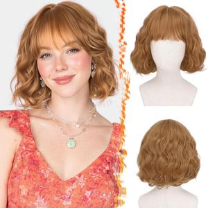 BARSDAR Natural Red Short Wavy Wig with Bangs - Short Wavy Ginger Auburn Wig for Women - Curly Wavy Textured French Bob Wigs with Bangs Soft Synthetic Natural Looking Face-Framing Daily (12 Inch)