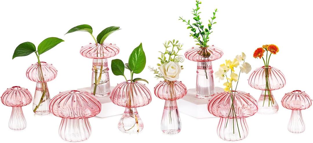 Hewory Glass Mushroom Vase for Flowers, 10pcs Pink Small Bud Flower Vases Unique, Mushroom Propagation Hydroponic Vases, Funky Cottagecore Decor for Home Room Kitchen Office Windowsill Decorations