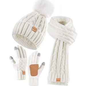 Womens Beanie Hat Scarf Gloves Set, Fleece Lined Winter Hat with Pom Pom, Long Knit Scarf Touchscreen Gloves for Cold Weather (White)