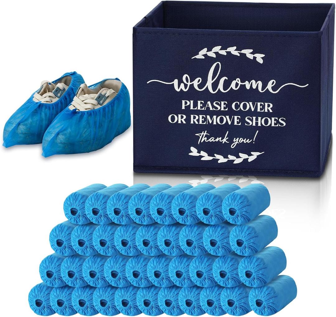 Suzile 200 Pack Disposable Shoe Covers with Dispenser Box Waterproof Disposable Non Slip Shoe Booties Foot Covers with Storage Box for Guests Indoor Open House Supplies(Dark Blue)