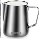 Milk Frothing Pitcher, 12oz Stainless Steel Milk Frother Cup Steaming Pitcher, Coffee Bar Cappuccino Espresso Machine Accessories Barista Tools, Metal Pitcher Milk Jug with Decorating Latte Art Pen (A0 Silver)