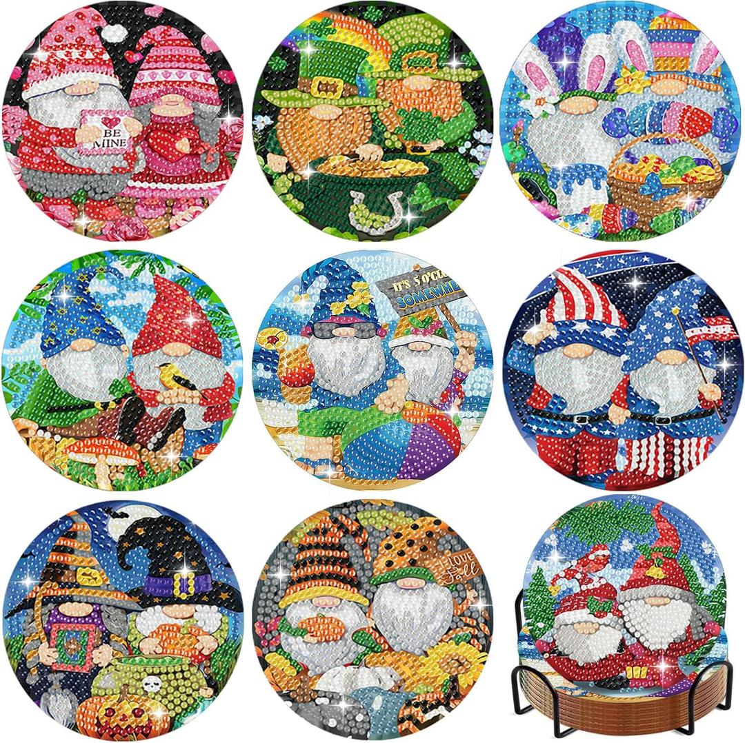 9 Pcs Diamond Art Coasters Kits for Adults with Holder, 5D DIY Gnomes Theme Diamond Pinting Coaster Gifts Acrylic Non Slip Coaster with Cork Pads for Tabletop Protection 10X10CM