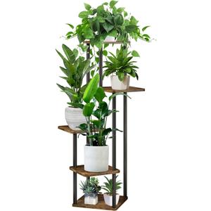 5 Tier Plant Stand Indoor, Thickened Metal Wood Corner Plant Shelf Stands for Multiple Plants, Indoor Tall Plants Stand Tiered Flower Holder for Living Room Patio Garden Balcony(Black+Brown)