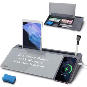 SELEAD Desktop Glass Whiteboard with Wireless Charger Station, Dry Erase White Board Computer Pad Keyboard Stand with Organizer for Home, School, Office Desk Accessories, Gray
