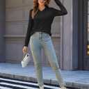 Long Sleeve Shirts for Women V Neck Loose Sweaters Casual Fall Tops Fashion Clothes 2025 (Black, L)