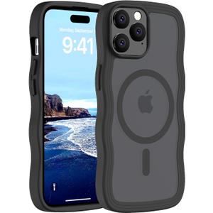 Hualele Magnetic for iPhone 15 Pro Case, Compatible with MagSafe, Military Grade Dropproof Translucent Matte Back Cute Curly Wave Edge Slim Phone Case 15 Pro, Black