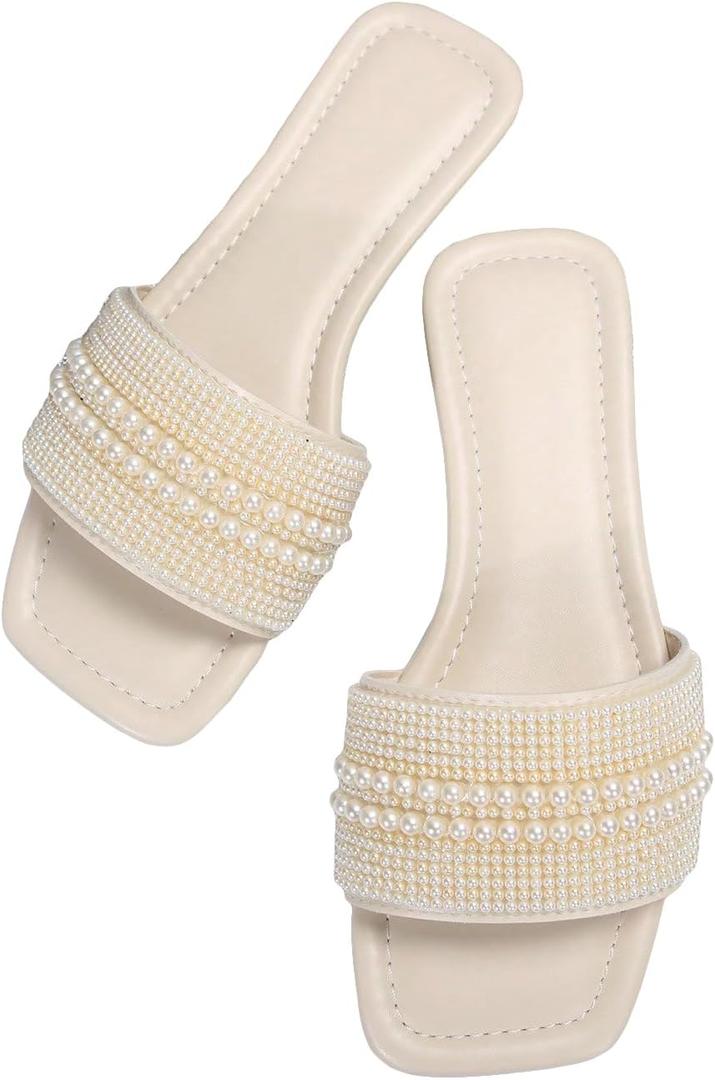 OYOANGLE Women's Pearl Beaded Single Band Square Open Toe Flat Sandals Elegant Casual Leather Slides Slippers (8, Beige)