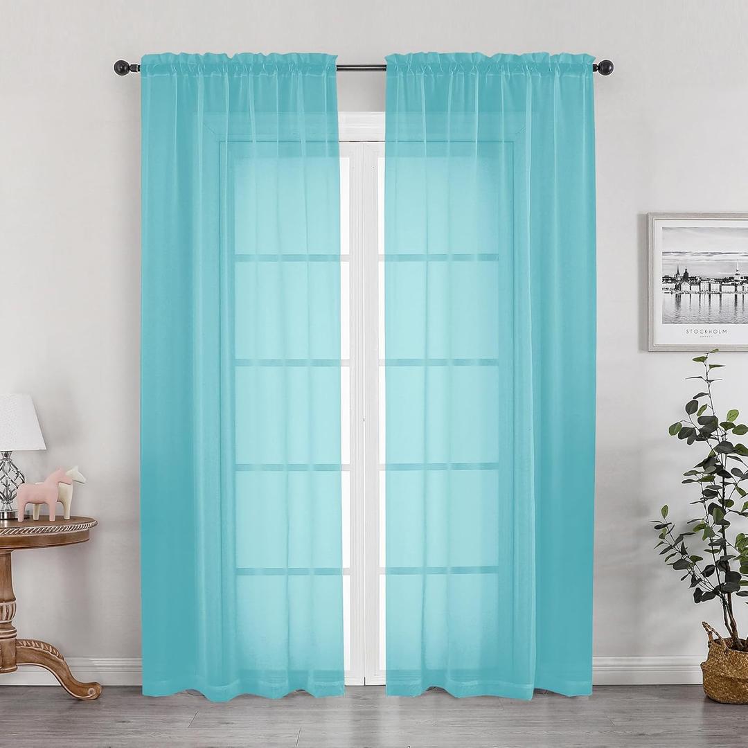 OWENIE Aqua Sheer Curtains for Bedroom Living Room 72 Inches Long 2 Panels Set, Modern Light Filtering Sheer Curtain Rod Pocket Clear Drapes for Window Sliding Door, Aqua, Each 42 x 72 Inch