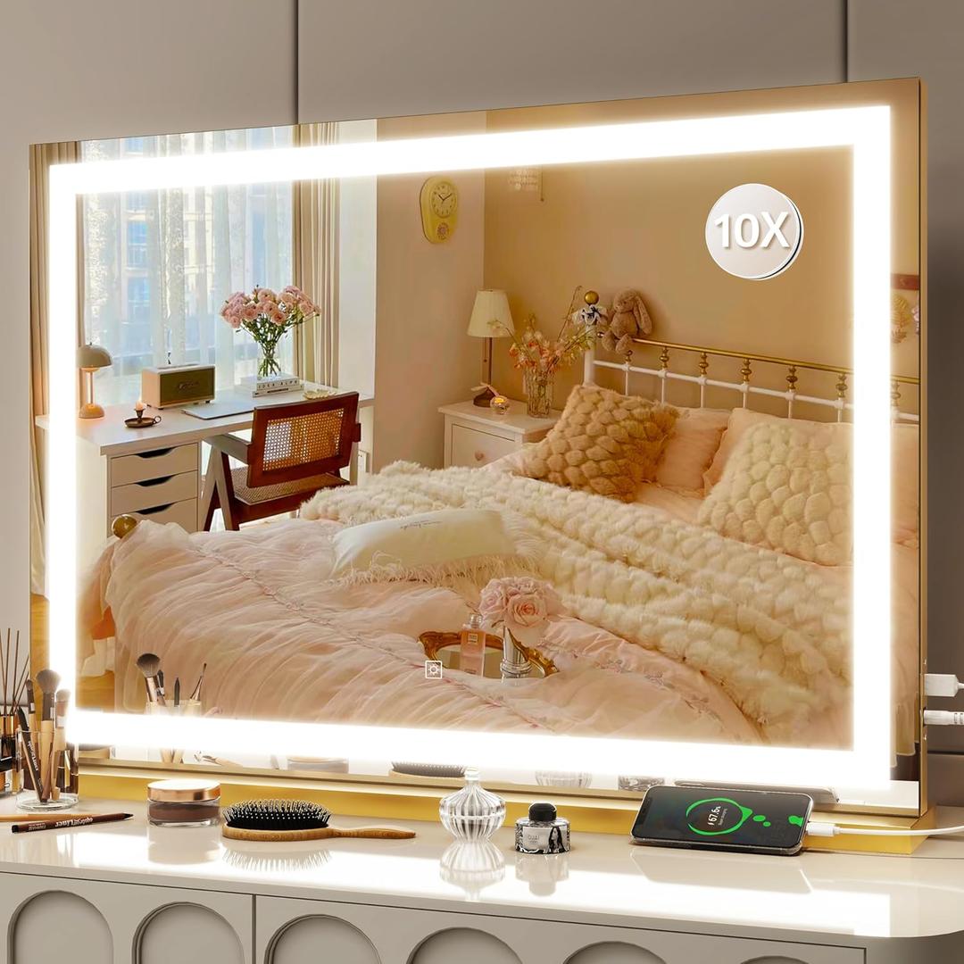 FENNIO Vanity Mirror with Lights 32"x22", Lighted Makeup Mirror, Large Vanity Mirror, Touch Sensor with 3-Color Lighting, 10X Magnification and USB Charging Port for Vanity DeskSquare Gold