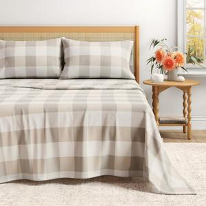 Great Bay Home Flannel Sheet Set Full Size - 100% Turkish Cotton, Double-Brushed, Printed Bed Sheets - Ultra-Soft, Cozy, 4-Piece Bedding Set (Buffalo Check - Soft Taupe/Pale Grey)