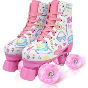 jessie Girl Roller Skates for Kid, PU Leather Flash Rainbow Adjustable Roller Skates Girls Ages 5-12 Four-Wheel Beginner Adult Indoor Outdoor, 37-Women's 7/ Youth 6