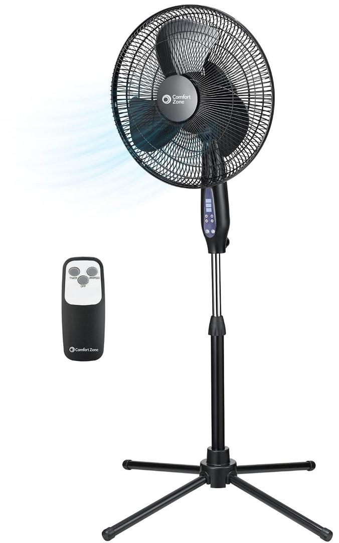 Comfort Zone 16-Inch Oscillating Pedestal Fan with Remote Control, 3-Speed High-Velocity Cooling, Adjustable Height & Tilt, Quad-Pod Folding Base, Black ETL Listed