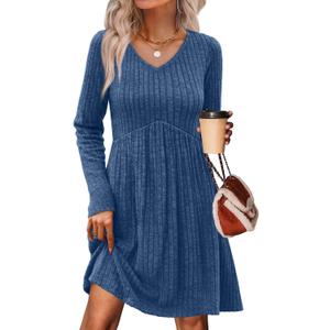 OFEEFAN Long Sleeve Sweater Dress Fall Dresses 2025 V Neck Empire Waist Baby Doll Dresses Women Casual Dress with Pockets (X-Large, Blue)