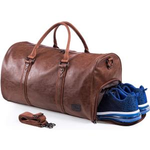 Leather Travel Bag with Shoe Pouch, Waterproof Weekender Overnight Bag,Carry On Duffel Bag for Men Women-Brown