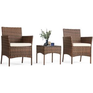 Sweetcrispy Patio Furniture Set 3 Pieces, Outdoor Furniture with Soft Cushion and Glass Table, All Weather Manual Weaving Wicker Rattan Patio Chairs for Garden, Terrace, Porch, Lawn (Brown and Beige)