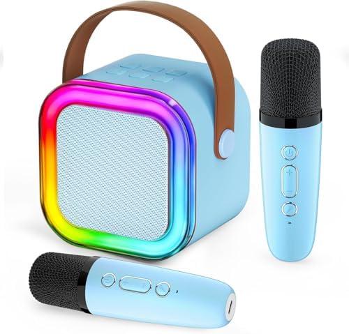 Mini Karaoke Machine with 2 Wireless Microphone: Portable Bluetooth Karaoke Machine for Family Home Party - Stage-subwoofers (Blue)