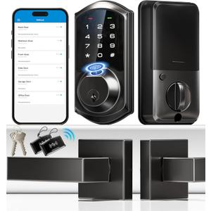 Veise Fingerprint Smart Locks for Front Door with 2 Lever Handle Set, App Control, Keyless Entry, Electronic Digital Keypad Deadbolt, Auto Lock, Waterproof, Easy to Install, Matte Black