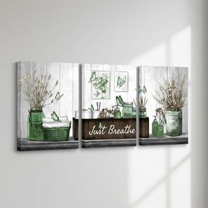 RnnJoile Sage Green Bathroom Decor Botanical Pictures Wall Art Just Breathe Sign Canvas Painting for Bathroom Wall Decor 12"x16" Each (Green)