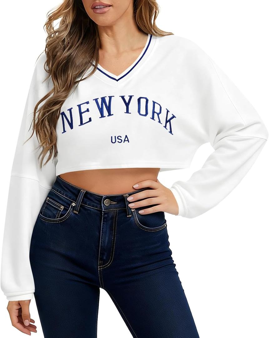 Remidoo Women's Embroidery Graphic Cropped Sweatshirt V Neck Loose Long Sleeve Crop Top (White, XL)