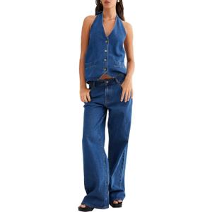 Fisoew Women's Two Piece Denim Set Button Down Backless Tank Top and Wide Leg Jeans 2 Piece Outfit Suits (Large, Navy Blue)