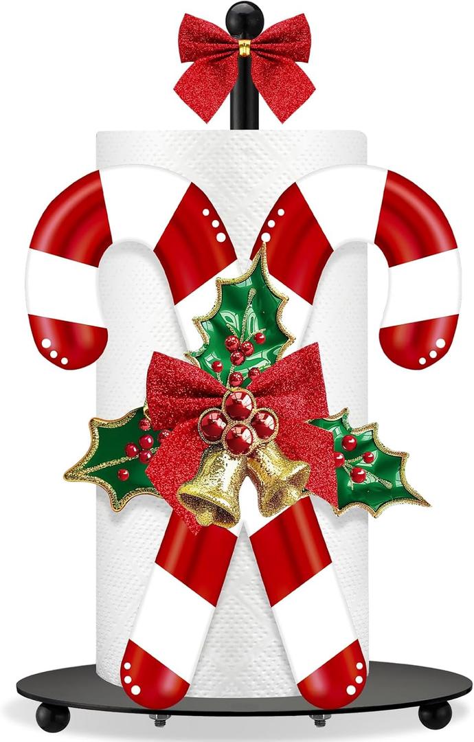 Shellwei Candy Cane Christmas Paper Towel Holder with Round Base Christmas Bathroom Decor Rustic Candy Cane Red Bow Dispenser Kitchen Paper Holder Stand for Countertop Toilet Home Accessories