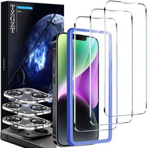 TZGZT [True 9H+ Shatterproof] 3 Pack for iPhone 14 Screen Protector Tempered Glass Film, with 3 Pack Camera Lens Protector Accessories, Phone Case Friendly, with Alignment Frame, Ultra HD