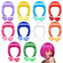 PLULON 20 Pieces Party Wigs and Sunglass Set, Neon Short Bob Wig Sunglass Pack Costume Colorful Cosplay Wig Daily Party Hairpieces for Bachelorette Neon Party Favors, Halloween Decorations (Multicolor)