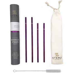 Reusable Stainless Steel Straw Set of 4 - Shorter Lengths (6.5" and 7.5") for Cocktails and Beverages. Travel Case and Cleaning Brush - Perfect for On The Go or Entertaining at Home (Purple Haze)