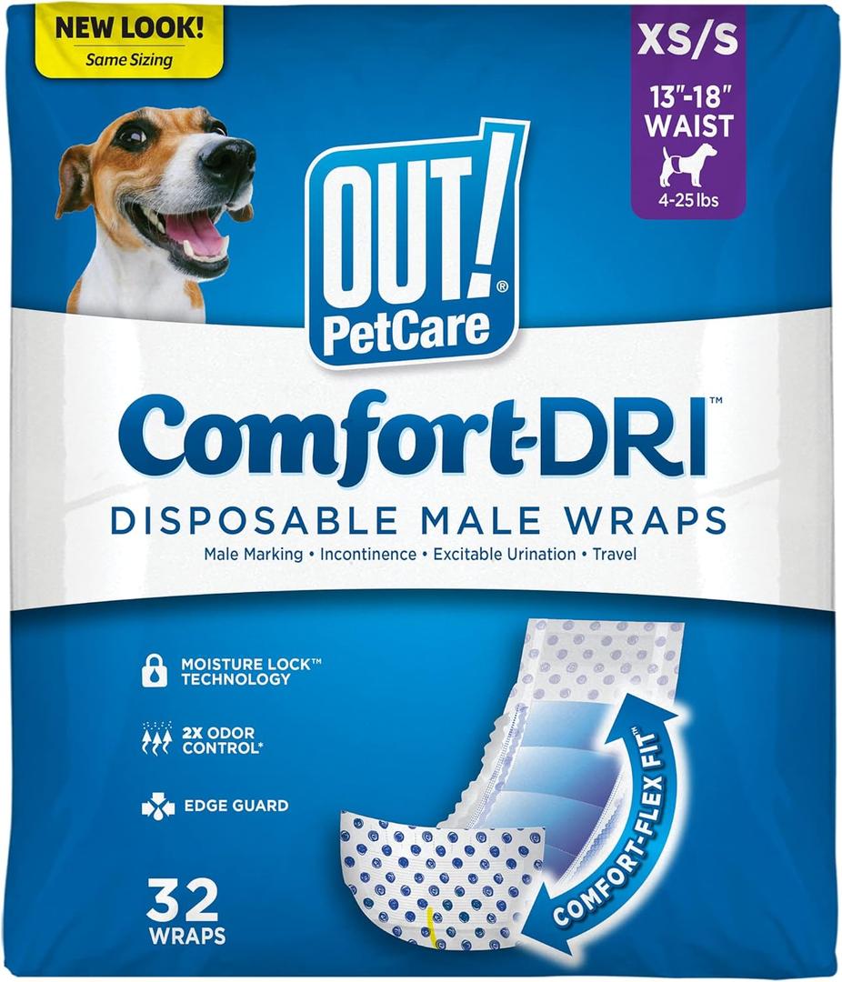 Out! PetCare Disposable Male Dog Wraps, Male Wraps for Dogs, Pee Wraps, Belly Bands for Dogs, Leak Proof, Wetness Indicator, Puppy and Doggie Diaper for Peeing, XS/Small, 32 Count (XS/S)