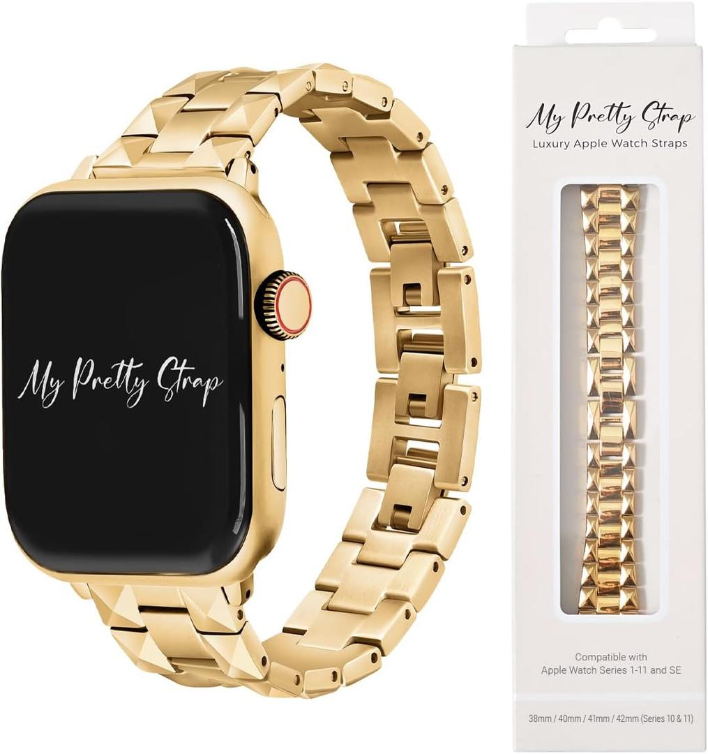 My Pretty Strap - Compatible Apple Watch Band Strap, Stainless Steel Fashion iWatch Replacement Strap- Easy Resizing, No Tool Needed, Fits Most Wrists- Series 1-11, SE and Ultra (Cleopatra Gold)