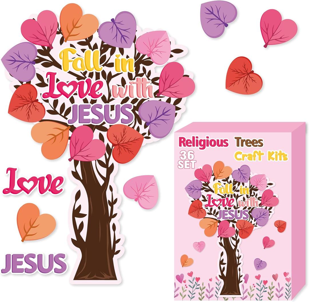 BeYumi Valentine Heart Trees Craft - 36Pcs Valentine's Day Religious Heart Trees Craft Kits Fall in Love with Jesus Ornaments DIY Thankful Love Party Supplies School Classroom Fun Activities for Kids