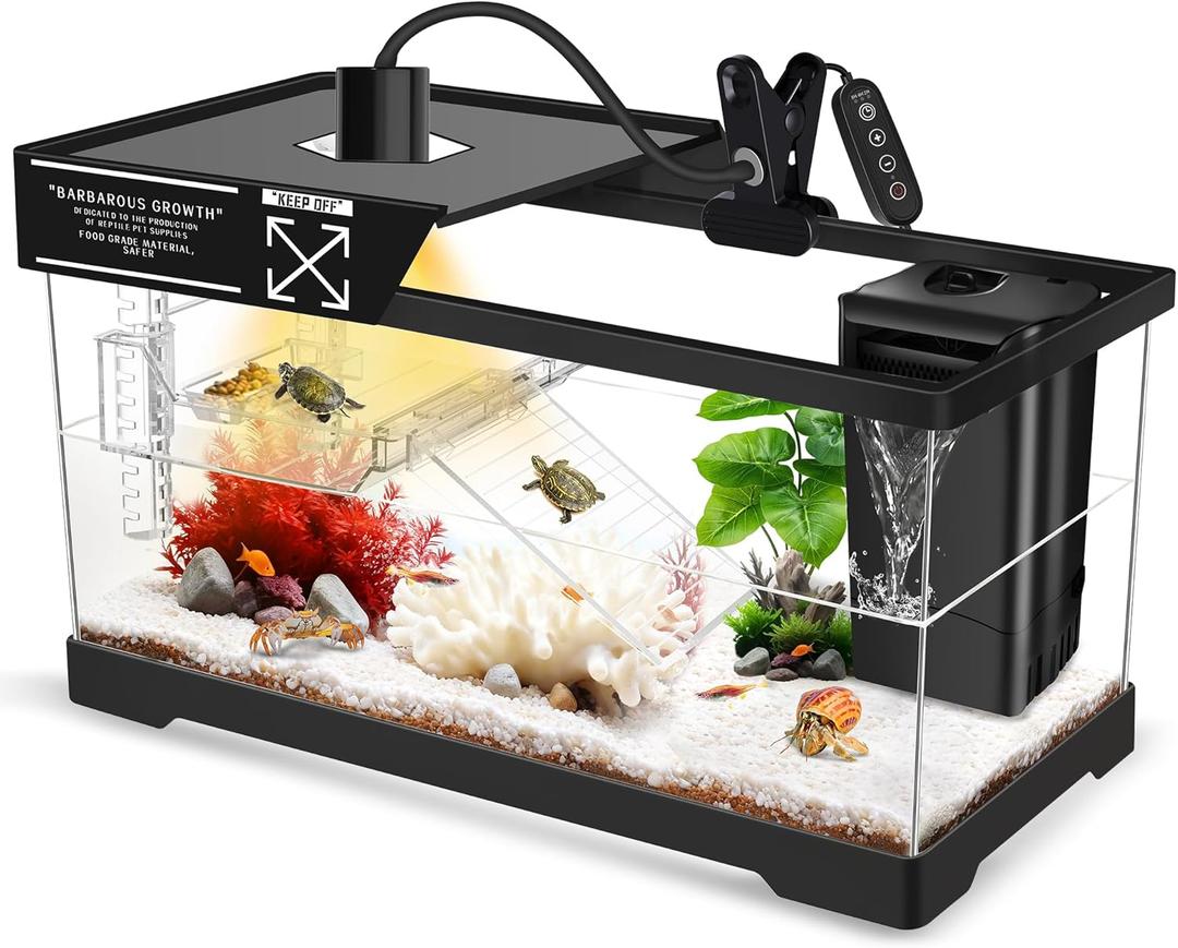 GOZILLA Aquatic Turtle Tank+Lamp+Filter Kit, Upgrade PC Turtle Tank Starter Kit with Adjustable 360°Lamp & Filter,Reptile Habitat Lid,Hanging Platform for Small Reptiles.(15.75×7.9×9''/Black)