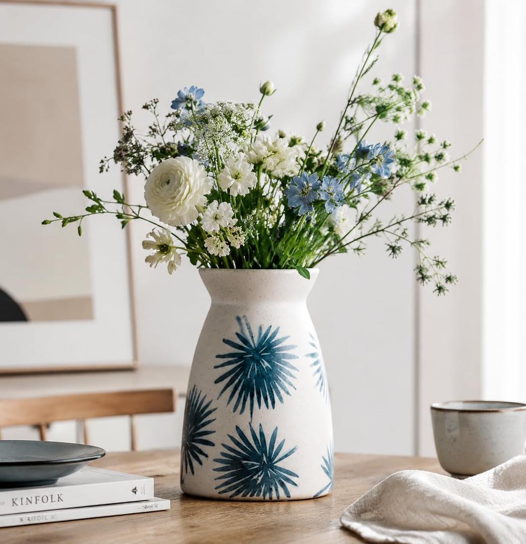 Hjn White Flower Vase- Ceramic Vase for Decor, White vase for Flowers, Modern Vases for Living Room/Home Decor Accents/Entryway/Mantel/Bookshel-Teal, 7inch