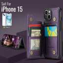 Compatible with iPhone 15 Wallet Case with Card Holder RFID Blocking for Women Men, Double Magnetic Clasp Kickstand Shockproof Phone Case Fit for iPhone 15, Purple