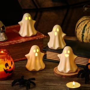 4PCS Ceramic Ghost Light Up Decor, Cute Ghost Halloween Decor, Small White Ghost Figurine Timer Led Ghost Figurines for Desk Tabletop CenterpiecesHalloween Decoration Indoor