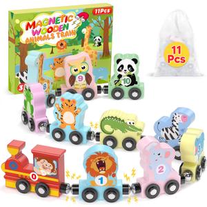11 Pcs Magnetic Dinosaur Train Set Montessori Toys for 1 2 3 Years Old Toddlers Boys Girls, Wooden Dinosaur Preschool Learning Easter Basket Stuffers Sensory Toys Birthday Gifts Ages 1-3, 2-4