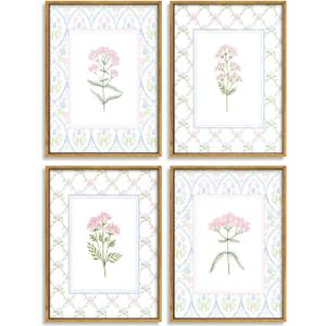 Pink Blue Floral Nursery Wall Art Watercolor Wildflower Pictures Wall Decor Sage Green Botanical Posters Vintage Grandmillenial Flower Painting Print Artwork for Baby Girls Room Bedroom, Framed