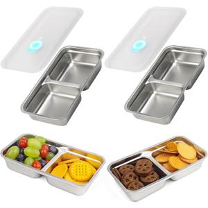 Grab and Go Snack Containers, Stainless Steel Double Compartment Snack Containers with Lids, Reusable Condiment Container-Dishwasher Safe,Travel & Outdoor Camping Food Storage(2 PCS)
