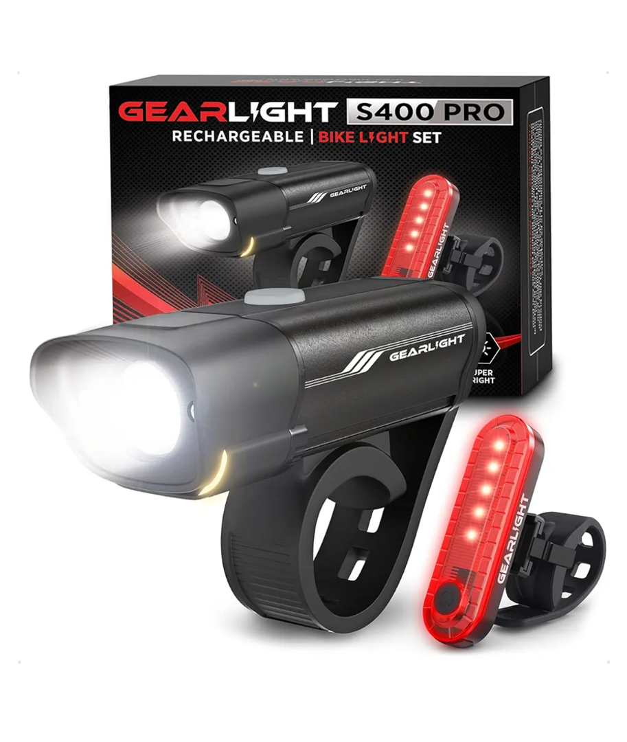 GearLight Rechargeable Bike Light, Bike Headlight and Tail Light Set, Powerful Front and Back Lights for Night Riding Safety, Night Riding Accessories, White Elephant Stocking Stuffer for Men
