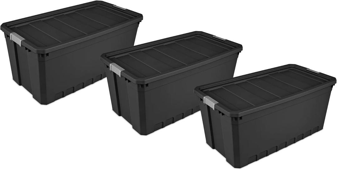 For Sterilite 50 Gallon Stacker Tote Plastic Storage Bins, Lidded, Stackable, 3-Pack, Black, 2 New Bins, And 4 Damaged Bins
