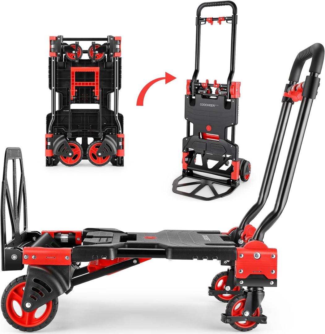 330LB Folding Hand Truck Heavy Duty Carrying, Combination of Four Wheels and Two Wheels Convertible Dolly Cart with Retractable Handle Dolly for Moving Office Carts.