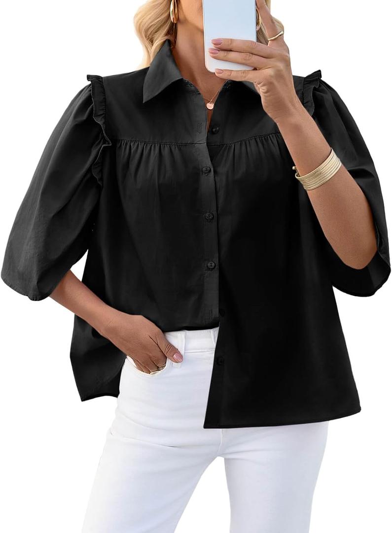 Cicy Bell Womens Summer Button Down Shirts Short Ruffle Puff Sleeve Cotton Blouses Dressy Casual Ladies Tops (Medium, Black)