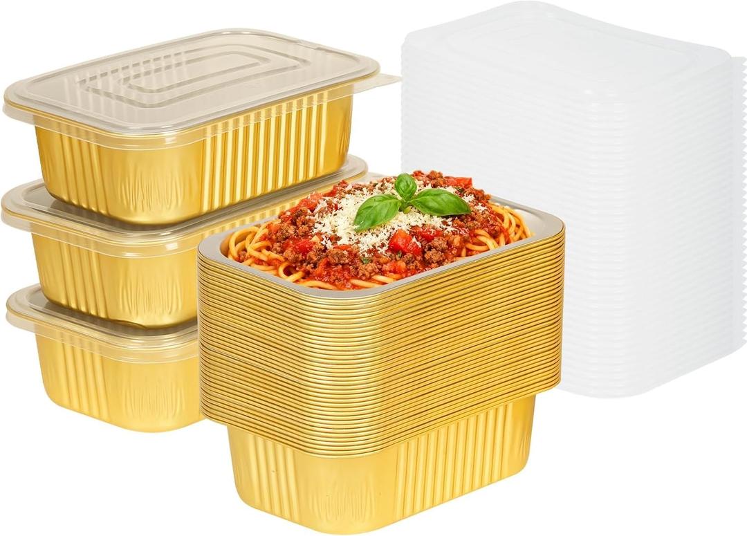 40 Pack 7.2"5"2.2" Gold Aluminum Pans with Lids Heavy Duty, 2 LB Aluminum Foil Pans Disposable Food Containers with Lids, Tin Foil Pans for Baking, Meal Prep, Freezer, Heating and Takeout