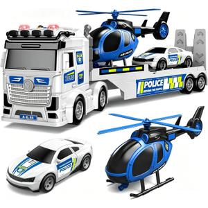 Kids Toys for Ages 3 4 5 6 7 8 Years Old Boys, 25" Large Police Semi Truck with Helicopter & Race Car, Friction Powered Vehicle with Lights & Sounds,Birthday Gift for Boys Girls