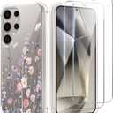 Clear with Flower for Samsung Galaxy S24 Ultra Case with Screen Protectors X2,Transparent Floral Slim Non Yellowing Non-Slip Shockproof Military-Grade Protection Phone Cover for Women Girl