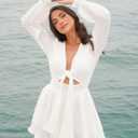 AlvaQ Dress for Women Long Sleeve Short Mini Dress Deep V Neck Ruffle Flowy Sundress Fashion 2025 White, Large