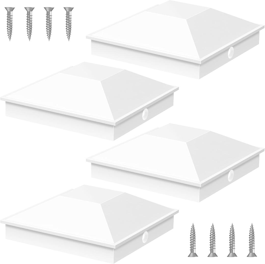 Goovilla 4x4 inches Post Caps White(Actual 3.5" x 3.5"), 4 Pack Fence Post Caps with 8 Screws and Easy Installation, Sturdy Waterproof Plastic Deck Post Caps with Frosted Finishing Touch, Protect Wood Post